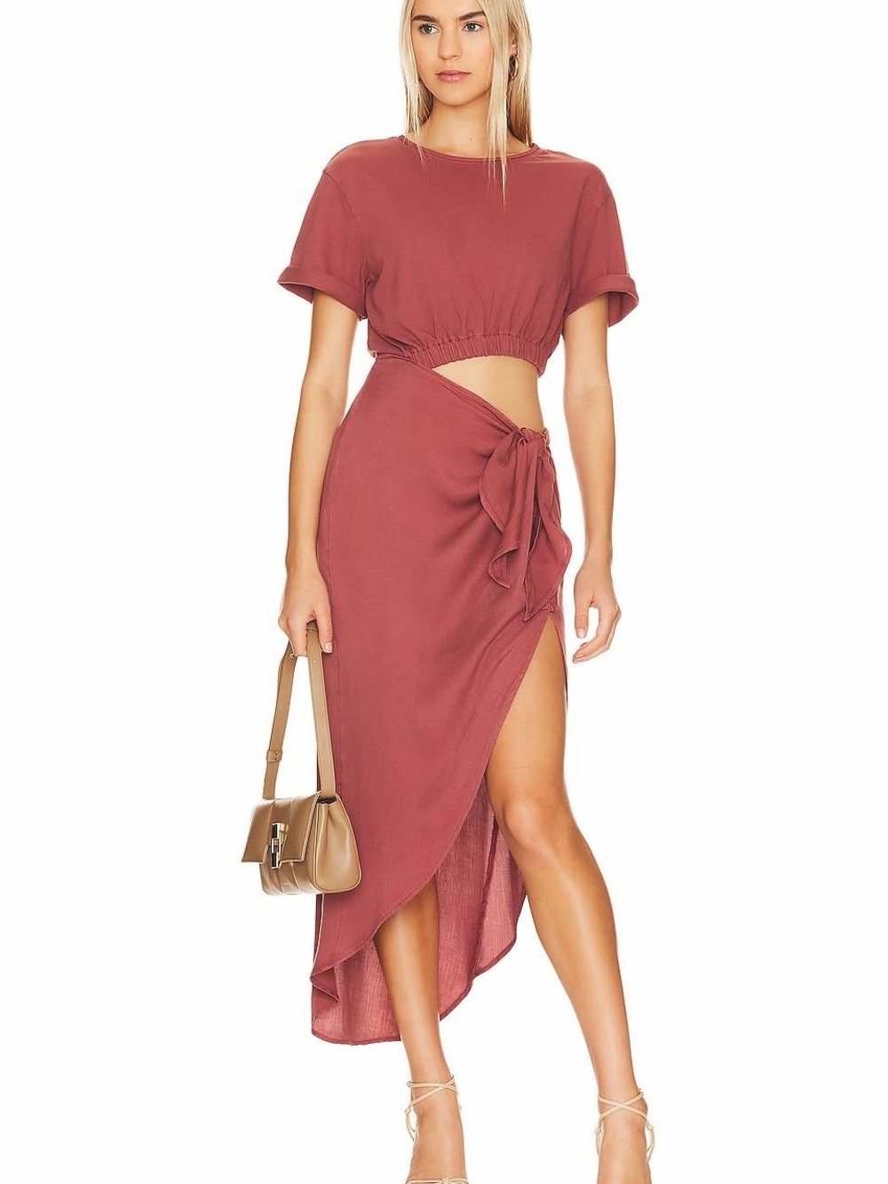 Free People Asymmetrical Cutout Tie-Waist Midi Dress in Rosewood